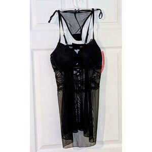 Black Fuchsia Black Lace Babydoll Lingerie‎ Set XL Sheer Lace Up New
